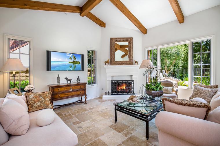 Great room with beamed ceiling